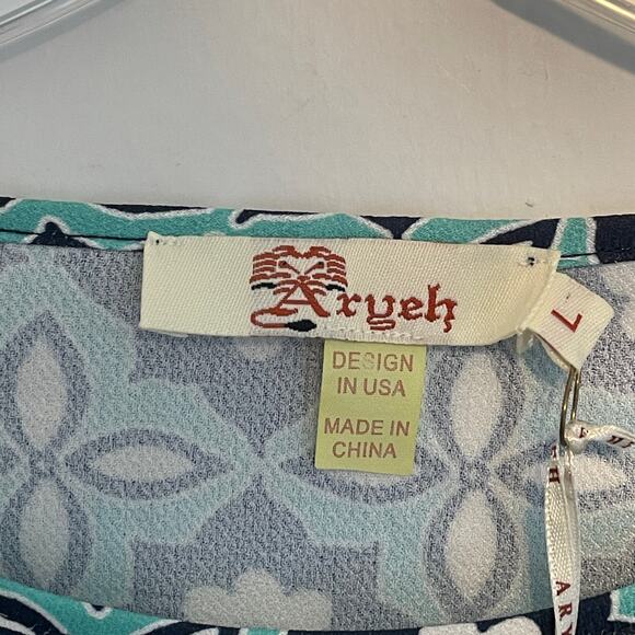 Aryeh NEW Geo Floral Border Dress Women's Large Teal Navy Bell Sleeves Flowy NWT - Picture 6 of 9